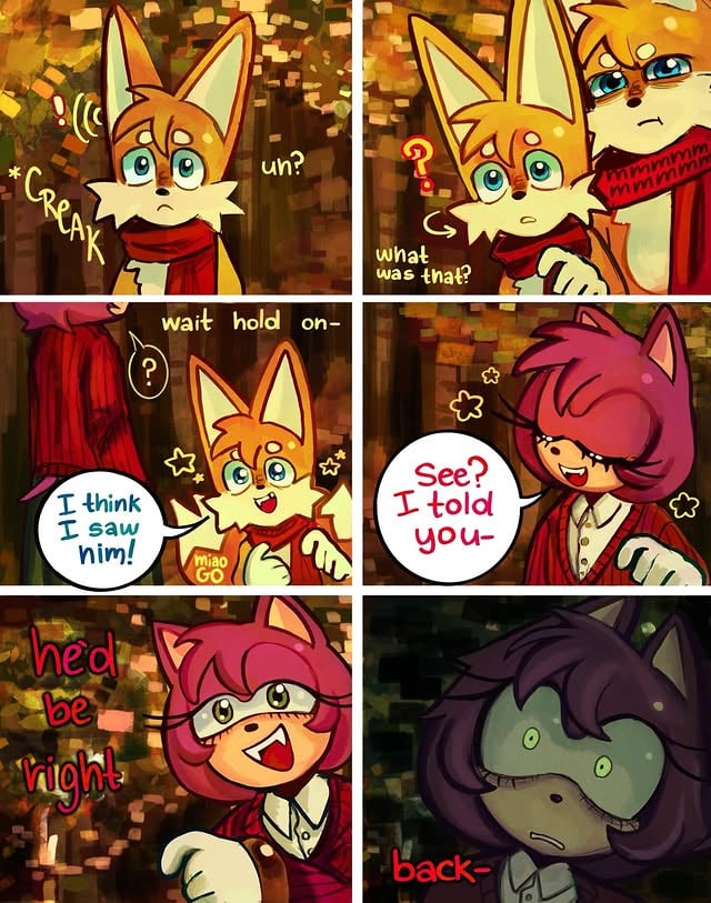 DeadCode Au pt 2 [redraw!]-That’s not him.The moment you all knew was coming! The moment when everything HAD to change!“NOTHING WILL EVER BE THE SAME!Isn’t that just great? A happiness so grand that I can’t wait to share!Throw away the past and live in the moment, because this my friends is the best day I’ve ever had!”Someone has to snap him back to reality, he’s gone completely haywire… but he’s happy I guess.A since I love to title my work, here’s how each page would be named :- Mirage of a friend.- Not you.- All I want is to scream.- Motionless panic.- Family bonding.Overall I’m really happy on how these turned out, I finally got some decent drawings of the start of this tale, the moments that changed everything.(For newcomers: this isn’t Sonic.exe, look closer. And also this is a redraw! This comic has actually more than 60 parts already, and you can find those and way more info on this Au in my profile)❌☀️#sonicthehedgehog #metalsonic #AmyRose #Tailsthefox #deadcodeau by @miaogo06