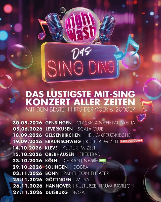 Bock auf Mitsingen statt nur zuschauen? 😏🎤Dann wird’s Zeit für NightWash – Das Sing Ding 💥 Das lustigste Mitsing-Konzert aller Zeiten geht JETZT auf Tour & ihr könnt euch noch Tickets sichern.😎🚀 Die wildeste Party, die du je erlebt hast – nur dass ALLE mitsingen. 🎤🔥🎶 Comedy, Karaoke und Party in einem! Ob Duschdiva oder Textprofi – hier seid ihr alle die Stars! 💃🕺Freut euch auf die größten Hits der 90er & 2000er – von Backstreet Boys über Britney bis hin zu den Ärzten. 👩🏼‍🎤👸🏼🔥 🎟️ Tickets sichern & Stadt checken: eventim.de & nightwash.de#nightwash #mitsingkonzert #dassingding by @nightwash_official