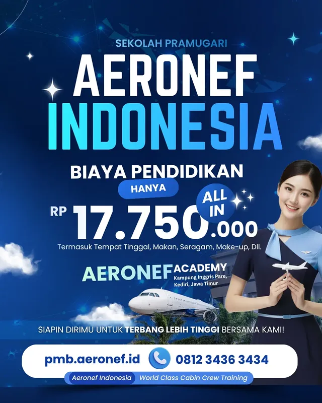 Lulus SMA/SMK/MA mau kemana? Jadi Pramugari aja yukPanggilan buat kamu, iya kamu. 📢Calon Cabin Crew masa depan! Jangan lewatkan kesempatan bergabung di Aeronef Academy Batch Juli 2026. Investasi pendidikan terbaik untuk karier di angkasa.Biaya pendidikan Hanya 17jt-an. Sudah termasuk tempat tinggal, makan & gratis mengulang kelas. Kamu mau? Yuk Gabung Segera di Sekolah Pramugari Terbaik!Informasi pendaftaran kak sania : 0812-3436-3434Aeronef Academy#SekolahPramugari #SekolahPenerbangan #WorldClassCabinCrewTraining📍 Kampung Inggris Pare, Kediri🌐 Daftar: pmb.aeronef.id by @aeronefacademy.official