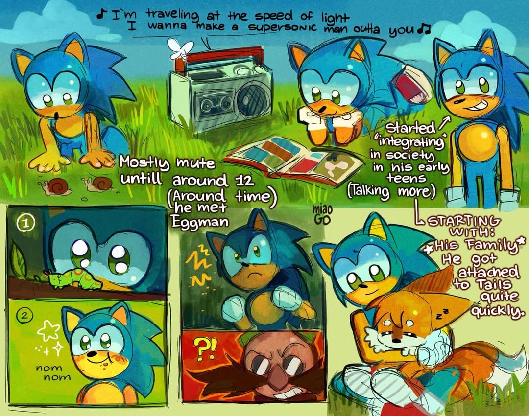 Some younger Sonic doodles, just so you get to know him more. [based off my own headcanons]I’d say these doodles tell a lot about him. But let’s be honest, they don’t really answer anything. And I think that’s just perfect.He’s just a guy who loves adventure and does what he thinks it’s right.- I wanted to show you these mainly so you keep them in mind when seeing the Hollow Au, because one thing about that au is that you the audience get to see and know too much about this guy’s business. I guess that’s what happens when he’s the main point of view and the primary focus. The stuff he’d keep private is not private to you.Then there’s DeadCode, where almost every trace of the actual person seems to be dismissed or forgotten.He’s just a memory after all. And those are really subjective.People talk but he’s not there to prove them right or wrong.I guess that’s part of the tragedy:In both cases he just seems to lose himself someway.☀️🌎#sonicthehedgehog #sonic #Tailsthefox #SonicAu #sonichollowau by @miaogo06