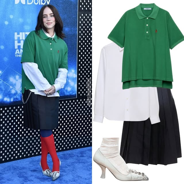 Billie photographed at LA premiere of @hitmehardandsoftmoviestyling: @jenny.shoo.pumpsphoto: @gettyimagesJewelry: @plattboutiquejewelryTshirt: @prada Pique Polo Shirt - $1390Underneath: @prada White Poplin Shirt - €910Skirt: @prada Black Pleated Skirt FW07Socks: @prada FW07Shoes: @prada Antiqued White Pumps FW26@billieeilish #billieeilish #fashion #blohsh #streetwear #style by @eilishoutfits