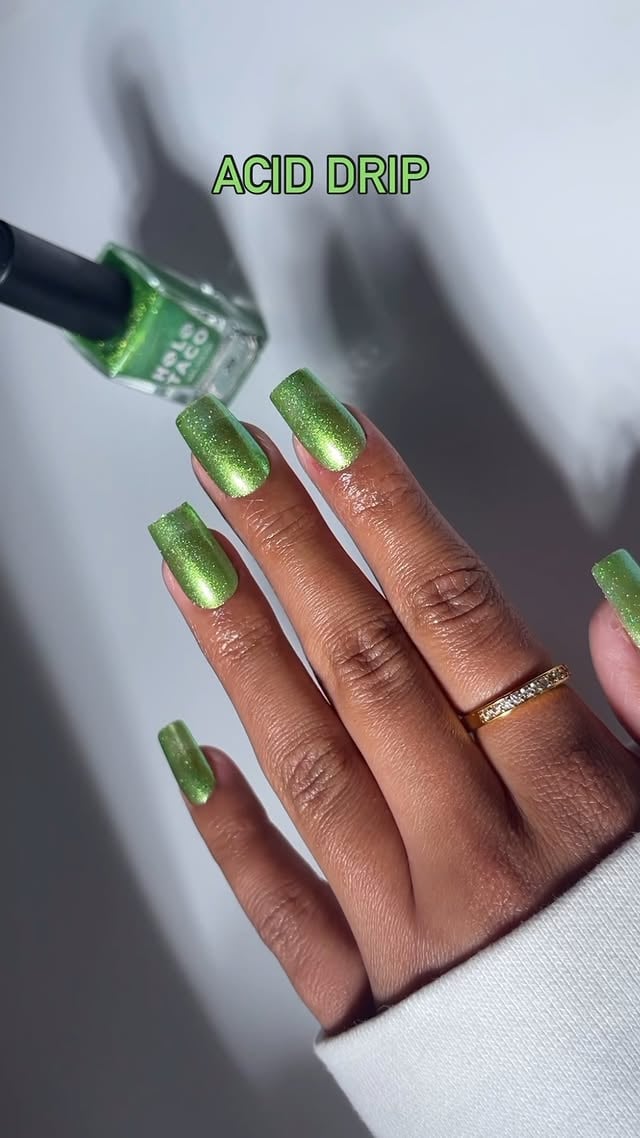Experience the Acid Drip with a bottle of freshly-squeezed full force chartreuse metallic shimmer🧪✨🎥 : @nailshuney#holotaco #popofholo #aciddrip 💿🌮 by @holotaco