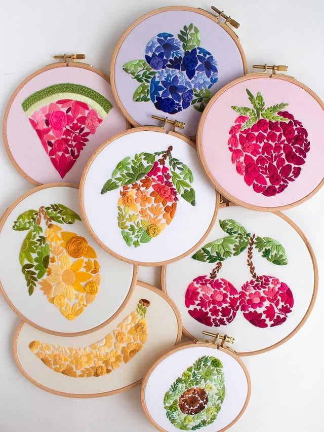 Fruit Salad Baby!!!🍓🍒🍉🥭🍋🍌🥑🫐 So proud of all these fruit patterns & excited to do more! What other fruits would you stitch? I’m thinking 🍑🍏🍊🍅 at the minute? Which ones have you stitched? / which one is your fave? ✨#fruitsalad #fruitart #fruits #embroiderypattern #summercrafts by @byalyploof