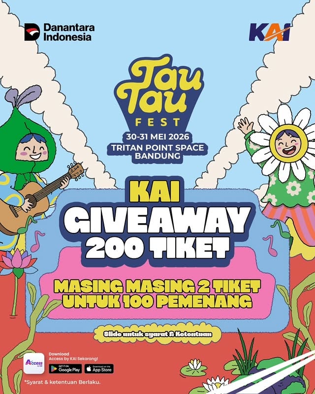 𝗔𝗱𝗮 𝗚𝗶𝘃𝗲𝗮𝘄𝗮𝘆! 𝟮𝟬𝟬 𝗧𝗶𝗸𝗲𝘁 𝗧𝗮𝘂-𝗧𝗮𝘂 𝗙𝗲𝘀𝘁𝗶𝘃𝗮𝗹 𝗚𝗿𝗮𝘁𝗶𝘀 𝗕𝘂𝗮𝘁 𝗞𝗮𝗹𝗶𝗮𝗻 🎉Guys, siapa nih yang mau sing along bareng penyanyi atau band favorit kalian di Tau-Tau Festival 2026? Ikutan giveaway dari Railmin, yuk! 😍Caranya gampang banget, kalian cukup buat pantun dengan tema KA Parahyangan, tag 3 teman kamu buat ikutan dan jangan lupa tag: @kai121_, @travelingbytrain_kai dan @tautaufestival 🫡Nah, jangan lupa cek syarat dan ketentuannya juga yaa, supaya kesempatan menang kamu lebih besar! 👏🏻Gas ikutan giveaway-nya dan see you there, Bestie! 🫶🏻#KAI121#KAIxTTF2026#TravelingbyTrain#KeretaApi#KAISemakinMelayani by @kai121_