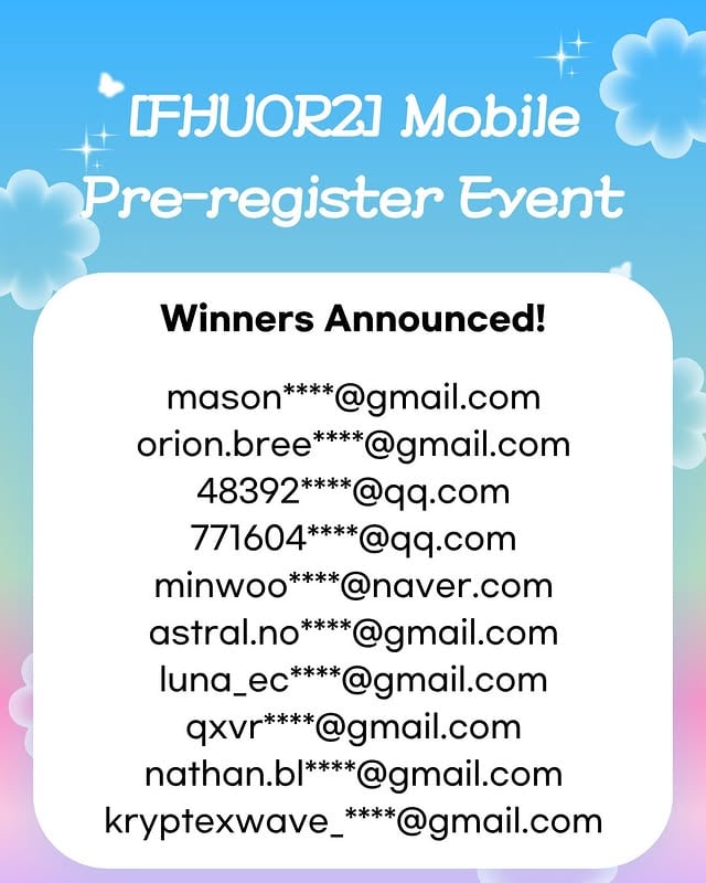 🎉 [FHUOR2] Mobile Pre-Registration Verification Event Winners Announcement! 💖A huge thank you to everyone who participated in the event 🙇✨Winners will be contacted individually with further details 📩Please continue to show lots of love and support for [FHUOR2] Mobile! 🎮💕🎉 [하전미 2] 모바일 사전예약 인증 이벤트 당첨자 발표! 💖이벤트에 참여해주신 모든 분들께 진심으로 감사드립니다 🙇✨당첨자분들께는 개별 연락 및 안내가 진행될 예정입니다 📩앞으로도 [하전미 2] 모바일에 많은 관심과 사랑 부탁드립니다! 🎮💕 by @beautygirls_story