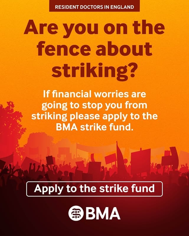 If your finances are a barrier to taking part in the upcoming resident doctor strikes, then support is available. The BMA Strike Fund exists to help those who may otherwise struggle to strike, ensuring more of us can take part. If you know a colleague who might be in this situation, encourage them to apply through the link in bio. by @thebma