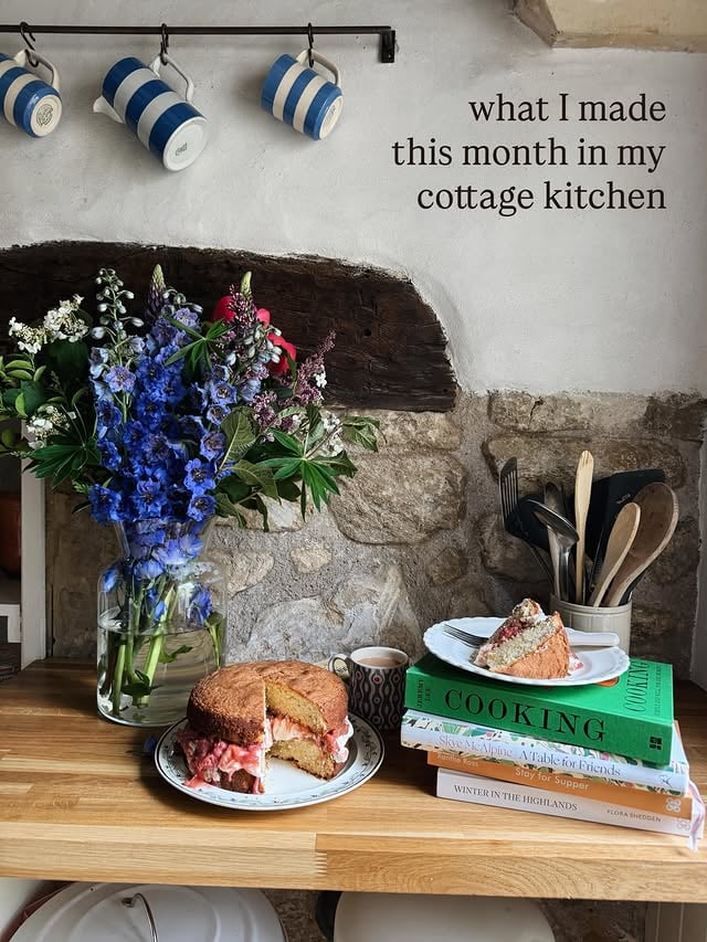 What I made in my cottage kitchen this May 💫Lots of calls for the fridge cake recipe - it couldn’t be easier or more perfect for summer “baking”, as it involves no baking whatsoever 😉 Will write it up over the weekend! Wilf had his jabs today at lunchtime and has only just stopped screaming 🤣 It’s been a day! Hopefully much cooler tomorrow 🤞...#cottagekitchen #cottagecooking #countrykitchen #cottagelife #cottage by @rosieatthecottage