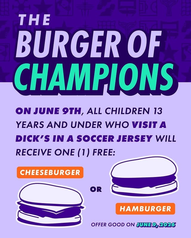 Only on JUNE 9 at all Dick’s Drive-In locations: kids wearing soccer jerseys can claim one free hamburger or cheeseburger! by @dicksdrivein