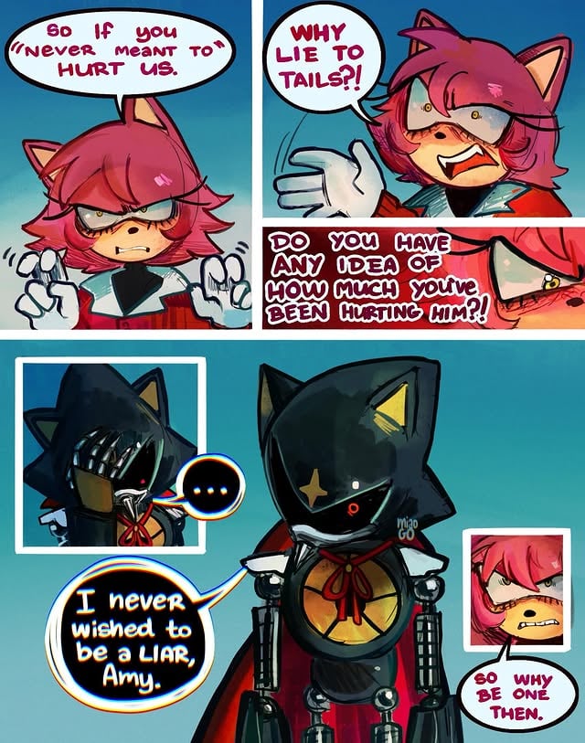 DeadCode Au pt 83- I’ll be the northern light.Some things are difficult to explain & some are admittedly better not answered. But he’s trying.For him it makes sense.She’s getting angrier and angrier, patience is running out.…Soon very soon, it will all fall apart.Pt 85 will be the breaking point.Feelings are growing uncomfortable..(The last panel of the second page is a memory from 364 days prior, January 1st.That memory does not belong to him)⚙️◼️#sonicthehedgehog #MetalSonic #amyrose #tailsthefox #DeadCodeAu by @miaogo06