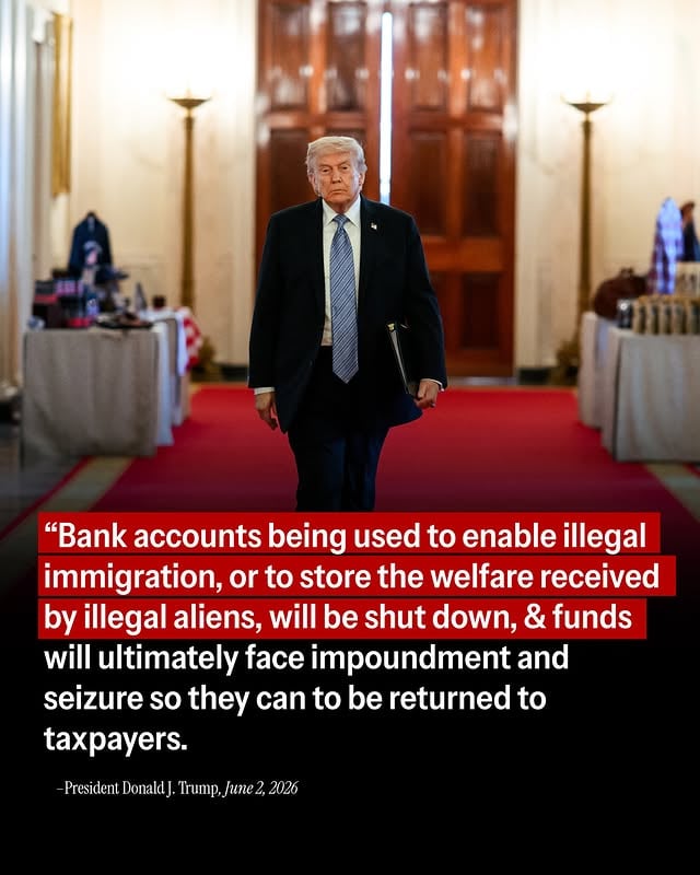 Illegal aliens & foreign fraudsters steal BILLIONS yearly from American taxpayers.President Donald J. Trump signed an EO to stop banks & financial institutions from aiding drug trafficking, illegal immigration, & the cartels behind it as part of the effort to END fraud & reverse mass illegal immigration.