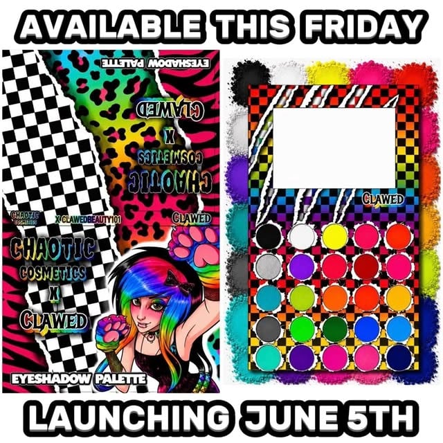 🌈✨IMPORTANT LAUNCH UPDATE!!!✨After going through our final files, we realized the wrong palette photo was shared at launch. We wanted to show you the correct version, our ORIGINAL palette design. We apologize as this was the photo that should have been posted with the launch!!!!! What we created is a fully customized, exclusive palette created specifically by Chaotic Cosmetics x CLAWED!!!!! We’re so excited for everyone to finally see the vision we worked so hard on. ☠️❤️🧡💛💚💙💜🖤This is a limited edition release and will ONLY be available at Chaotic Cosmetics‼️Inside you’ll find a bold assortment of high-impact pigments, neons and metallic silver shade that’s designed for maximum payoff, creativity, and statement making looks!!! This palette has our fan favorite eyeshadow formula, that’s gotten thousands of reviews and compliments!🏳️‍🌈🫶🏻☠️ So THIS will be the shadow palette launching with our collection on June 5th!! Once it’s gone, it’s gone, this will not be restocked so make sure you grab yours!!!PLEASE NOTE! Due to high demand this item is expected to ship approximately 3-4 weeks from the date of purchase. As a small, independently owned business with a small team, we carefully package and fulfill every order with care. We kindly ask for your patience and understanding during the production and fulfillment process. 🫶🏻🌈Thank you for all the overwhelming support with this collection we both had so much fun creating this!!! We wanted to bring something fun, unique and colorful into the world for all of our amazing followers to EXPRESS THEMSELVES WITH!!! LOVE YOU ALLLLLL! XD ❤️🧡💛💚💙💜🩵Character artwork by @eto_zhe_sovest 🖤Palette design by @tatted_pumpkin #emopride #chaoticcosmetics #eyeshadows #loveislove #pridemonth by @clawed_beauty101