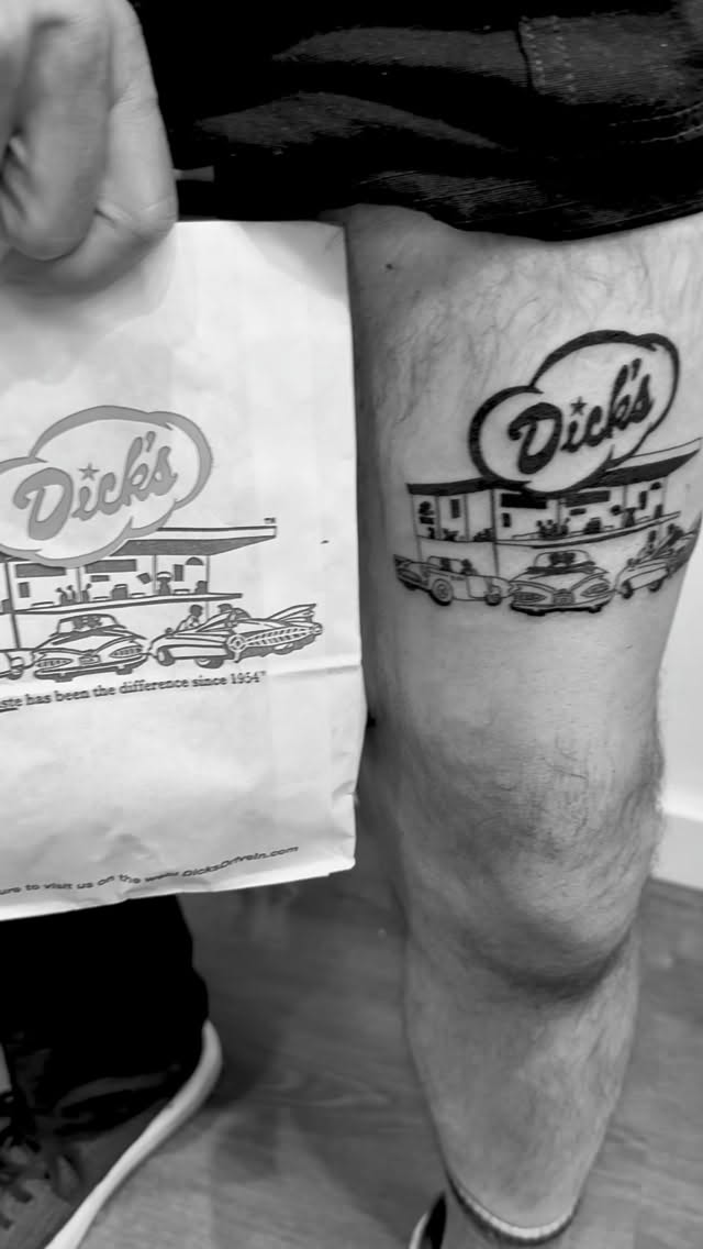 Dicks’s Burger joint walk-in tat for OG Seattleite Phil, it’s a local thing. Dicks burgers and a coke after a tattoo hits. @dicksdrivein #sponsorme by @dicksdrivein