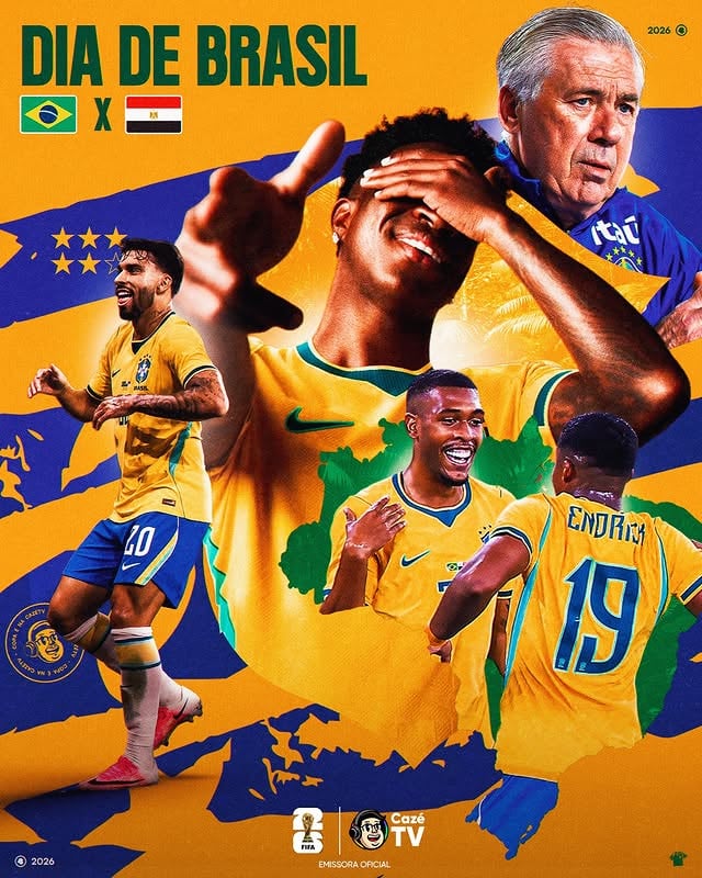 🇧🇷🏆 HOJE É O NOSSO ÚLTIMO ENCONTRO ANTES DA COPA DO MUNDO! O ÚLTIMO JOGO QUE JÁ TEM GOSTO E JEITO DE DECISÃO! UMA COISA É CERTA: NOSSA MISSÃO EM BUSCA DO HEXA JÁ COMEÇOU! ⭐⭐⭐⭐⭐🌟

VAMOS, BRASIL! O EGITO QUE SE PREPARE! 🤝🫵

🚨 𝐒𝐄 𝐓𝐄𝐌 𝐂𝐎𝐏𝐀, 𝐄𝐒𝐐𝐔𝐄𝐂𝐄! É na CazéTV! 🤩📺

#PlanejamentoCazéTV #CopaNaCazéTV #cztv06 #cztv23