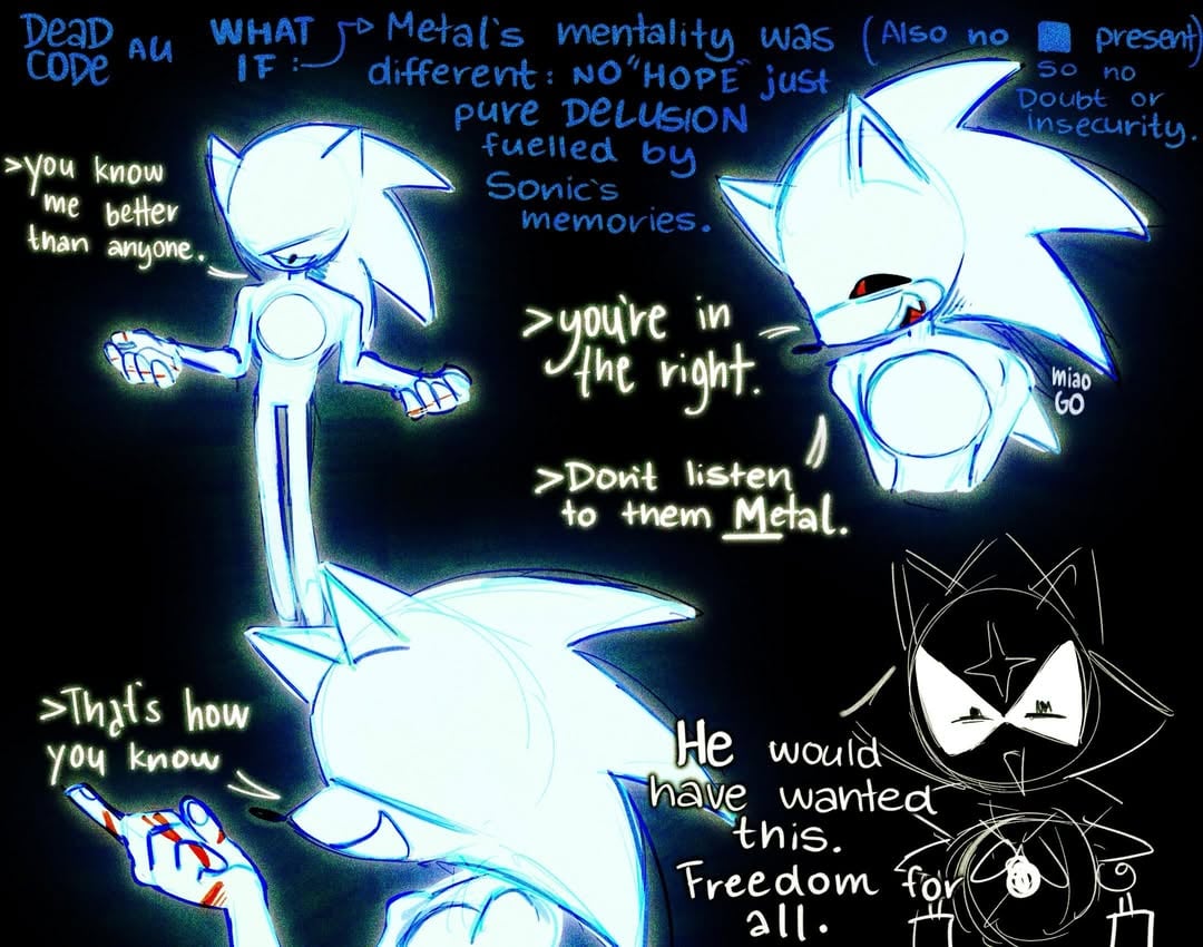 An underrated quite terrifying a DeadCode what if.What if instead of ◼️ and Hope, there was just pure delusion?I mean “Hope” is hope backed by delusion And ◼️ is insecurity backed by memories But this, this is just pure delusion backed by memories.Because remember, Metal knows Sonic well. Arguably the best probably. So what if he interpreted stuff differently?Also let me point out the capital “M” and the glow of delusion.It’s not a warm comforting light, but it’s still a light nonetheless.. Please tell me your thoughts on this what if.I think it says so much without saying anything.⚪️#sonicthehedgehog #sonic #MetalSonic #doodles #DeadCodeAu by @miaogo06