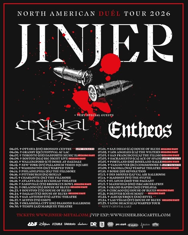 【NORTH AMERICA TOUR 2026】The tour in June & July with @jinjer_official & @entheosofficial is coming up!!In addition, We're also playing CO-HEADLINING SHOWS with @entheosofficialWhich town are we seeing you in?🎫Get your tickets NOW via the link in bio!!US Tour Dates supporting JINJER‼️Guest vocalist - Myke Terry‼️06.09. † BOSTON (MA) Big Night Live06.10. † WALLINGFORD (CT) Dome at Oakdale06.12. † NEW YORK (NY) Palladium Times Square06.14. † PHILADELPHIA (PA) The Fillmore06.16. † PITTSBURGH (PA) Roxian06.17. † CHARLOTTE (NC) The Fillmore06.18. † ATLANTA (GA) Buckhead Theater06.19. † NASHVILLE (TN) Brooklyn Bowl06.21. † ORLANDO (FL) House of Blues06.23. † HOUSTON (TX) House of Blues06.24. † DALLAS (TX) House of Blues06.25. † SAN ANTONIO (TX) Aztec Theatre06.27. † AUSTIN (TX) Emo’s06.28. † OKLAHOMA CITY (OK) Diamond Ballroom06.30. † TEMPE (AZ) MarqueeGuest vocalist - TBA07.01. † SAN DIEGO (CA) House of Blues07.02. † LOS ANGELES (CA) The Wiltern07.03. † SAN FRANCISCO (CA) The Fillmore07.05. † SACRAMENTO (CA) Ace of Spades07.07. † PORTLAND (OR) Crystal Ballroom07.08. † VANCOUVER (BC) Commodore Ballroom07.09. † TACOMA (WA) Temple Theatre07.10. † BOISE (ID) Revolution07.13. † DES MOINES (IA) Val Air Ballroom07.14. † MADISON (WI) The Sylvee07.15. † ST. LOUIS (MO) The Pageant07.19. † CHICAGO (IL) House of Blues🚨Crystal Lake & Entheos EXCLUSIVE CO-HEADLINING SHOWS🚨06.13. † HARRISBURG (PA) Capital Ball Room06.26. † CORPUS CHRISTI (TX) House of Rock07.11. † SALT LAKE CITY (UT) Metro Music Hall07.16 † INDIANAPOLIS (IN) Black Circle by @crystallake777