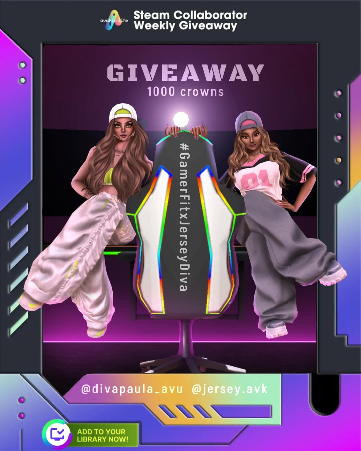 🎮 Diva & Jersey’s #GamerFitXJerseyDiva Giveaway 🎮

💎 1000 Crowns Up for Grabs! 💎

🌟 5 Winners × 200 Crowns Each 🌟

✨ How to Enter:

❤️ Follow:
• @avakinofficial 
• @jersey.avk 
• @divapaula_avu 

📲 Like & Reshare this post to your Feed and Story.

📸 Create ONE Feed Post tagging ALL of us with hashtag #GamerFitXJerseyDiva INCLUDING 👇

1️⃣ Giveaway post reshare

2️⃣ A photo featuring your best Gamer outfit with in game background ( only from In game inventory)

3️⃣ A STEAM Library screenshot showing your STEAM ID and @avakinofficial in your Library.

🎮 Get creative with your outfit photo with  in-game props, accessories, poses, and gaming vibes!

🚫 No edits allowed - keep it raw and authentic.

🚫 All rules must be followed correctly for your entry to be considered valid.

⏳Giveaway Period: 5th-7th June

🍀 Good luck, Avakins! We can’t wait to see your ultimate GamerFit! 🎮✨

#avakinlifeonsteam #avakinlife