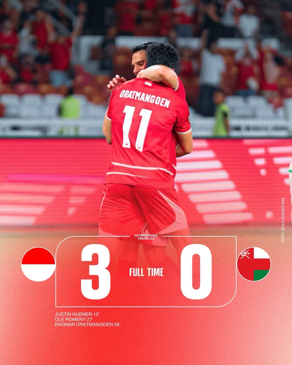 M3NANG
Timnas Indonesia berhasil mengalahkan Oman 3-0 dalam laga FIFA Matchday 2026

Timnas Indonesia berhasil menambah 1 gol di babak kedua.. Oman beberapa kali mendapat peluang di babak kedua namun Emil berhasil menjaga gawang dari kebobolan

Hasil yang bagus... pertahankan di laga kedua
#timnasindonesia #timnasday #pssi #kitagaruda #oman