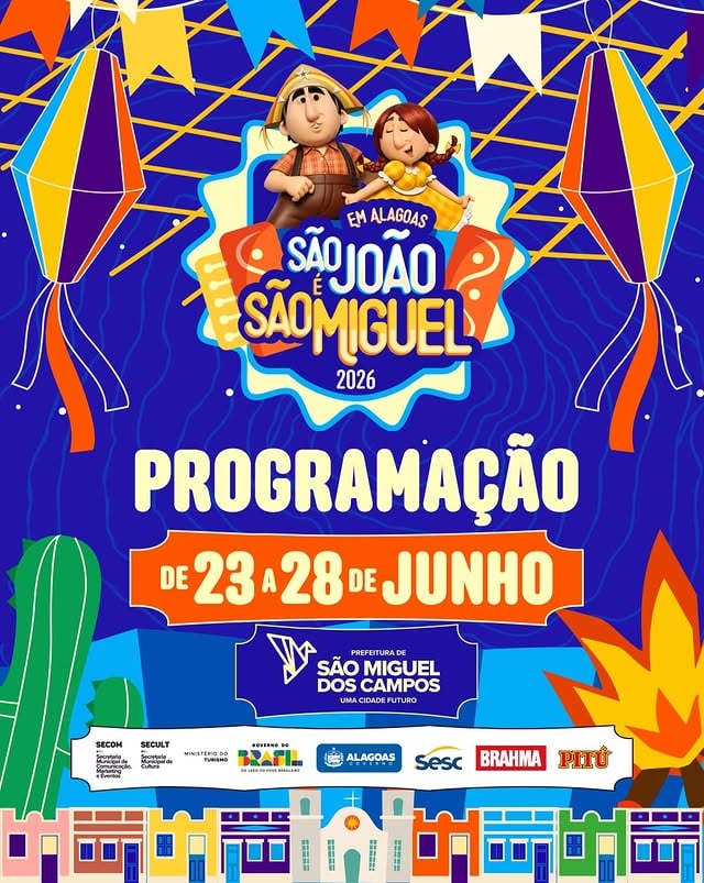 🔥 A espera acabou! 

🤠 Tá no ar a programação oficial do tradicional “Em Alagoas, São João é São Miguel”!

🥾 Tire a poeira da bota, vista seu look junino e traga a família e os amigos para curtir nosso evento junino com grandes atrações, muita cultura, tradição e aquele clima junino que só São Miguel dos Campos sabe fazer.

🗓️ de 23 a 28 de junho, na Praca Multieventos.