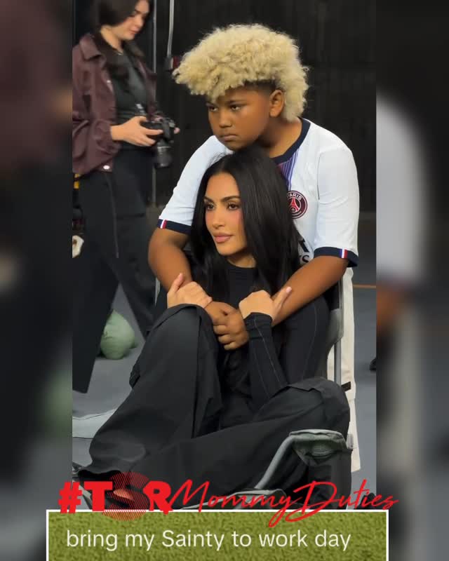 #TSRMommyDuties: Aww! #KimKardashian was enjoying her soccer mommy duties by bringing her son Saint to work on the set of a FIFA World Cup campaign.🥰😍 ✍🏾:#TSRStaffJR