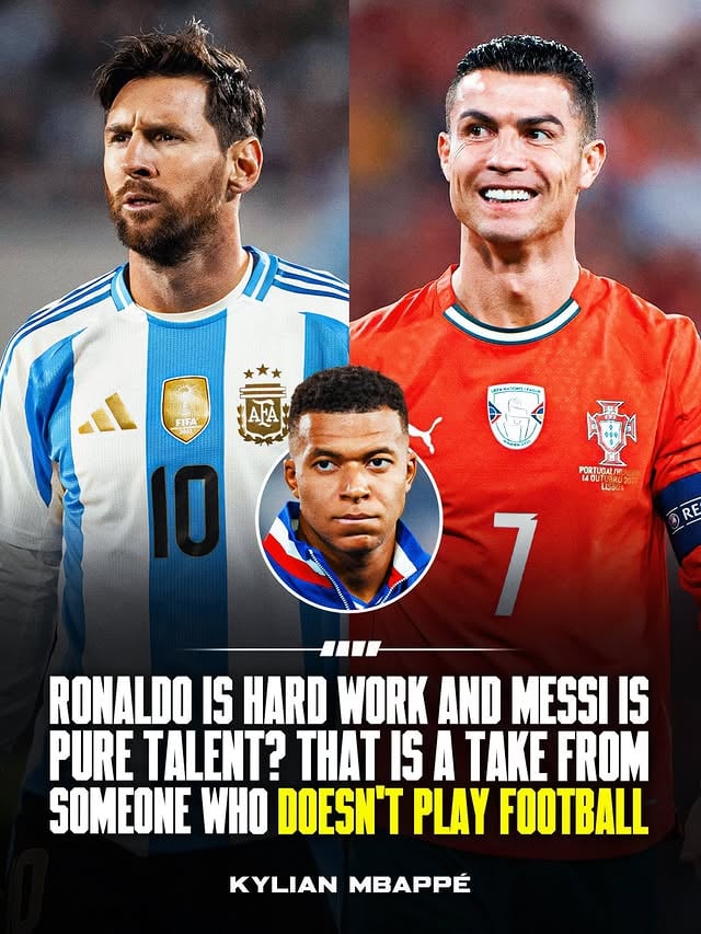 “𝐌𝐄𝐒𝐒𝐈 𝐎𝐑 𝐑𝐎𝐍𝐀𝐋𝐃𝐎?” 👀✨

Kylian Mbappé: “I’ve played with both! Well, I played with Messi and I played against Ronaldo. 𝐂𝐫𝐢𝐬𝐭𝐢𝐚𝐧𝐨 𝐢𝐬 𝐦𝐲 𝐢𝐝𝐨𝐥!” 🤩

“If I agree with the saying: ‘One is hard work, the other is pure talent?’ That is a take from someone who 𝐃𝐎𝐄𝐒𝐍’𝐓 𝐏𝐋𝐀𝐘 𝐅𝐎𝐎𝐓𝐁𝐀𝐋𝐋” ‼️

“In all my debates, I say this. Because if you can sit there and tell me that 𝐑𝐨𝐧𝐚𝐥𝐝𝐨 𝐡𝐚𝐬 𝐧𝐨 𝐭𝐚𝐥𝐞𝐧𝐭, or that 𝐌𝐞𝐬𝐬𝐢 𝐝𝐨𝐞𝐬𝐧’𝐭 𝐰𝐨𝐫𝐤 𝐡𝐚𝐫𝐝, it means you’ve never in your life put on boots to go train every single day”, Mbappé said.