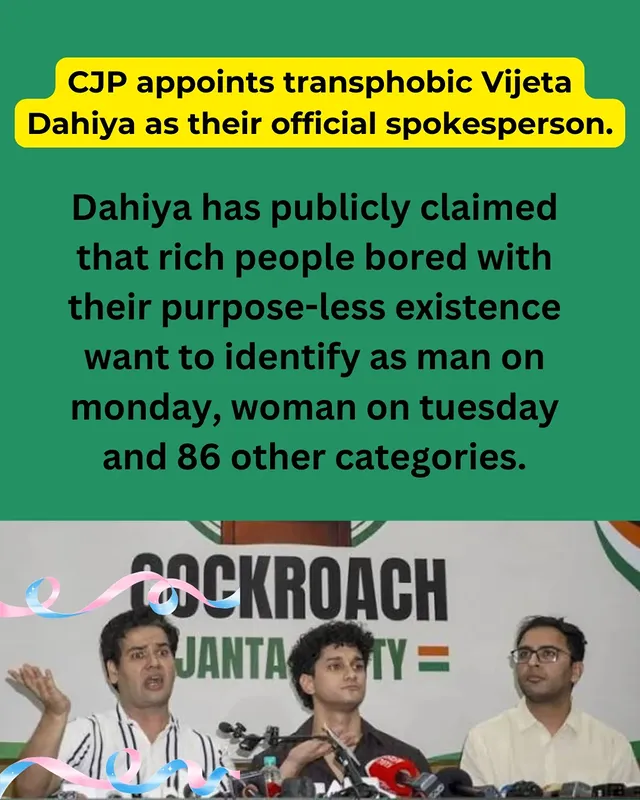 Interestingly, @cockroachjantaparty has previously talked about 50% women's representation but has yet to appoint a single female spokesperson, justifying it by claiming women "don't feel safe online."
They’ve also maintained total silence on queer and trans rights. Conveniently, they are dodging any discussion around the Trans Amendment Act 2026, a bill other opposition parties have already openly opposed.
Dear @cockroachjantaparty: GenZ is incredibly diverse and includes women and LGBTQ+ individuals across the spectrum. If your movement excludes us, it was never a "youth movement" to begin with.
We hope this crosses your feed and that you consider the queer community important enough to reply to. @abhijeetdipke @vijetadahiya1 @seven_shots_ @ashutosh_ranka 

Jai Bheem! Jai Samvidhan!