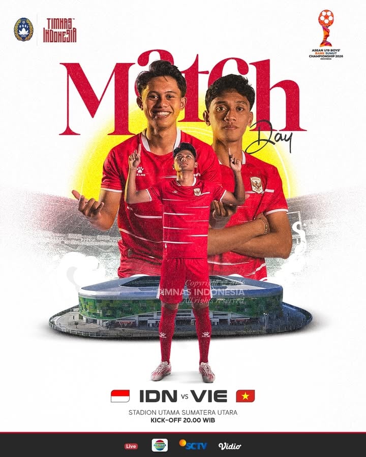Pertandingan penentu fase grup. 🔔

🆚 🇻🇳
🌃 𝐇𝐀𝐑𝐈 𝐈𝐍𝐈 | 20.00 WIB
🏟️ Stadion Utama Sumatera Utara
🏆𝐀𝐒𝐄𝐀𝐍 𝐔𝟏𝟗 𝐁𝐨𝐲𝐬’ 𝐁𝐚𝐧𝐤 𝐒𝐮𝐦𝐮𝐭 𝐂𝐡𝐚𝐦𝐩𝐢𝐨𝐧𝐬𝐡𝐢𝐩 𝟐𝟎𝟐𝟔 
📺 Indosiar, SCTV & Vidio

‣ #TimnasDay ‣ #KitaGaruda