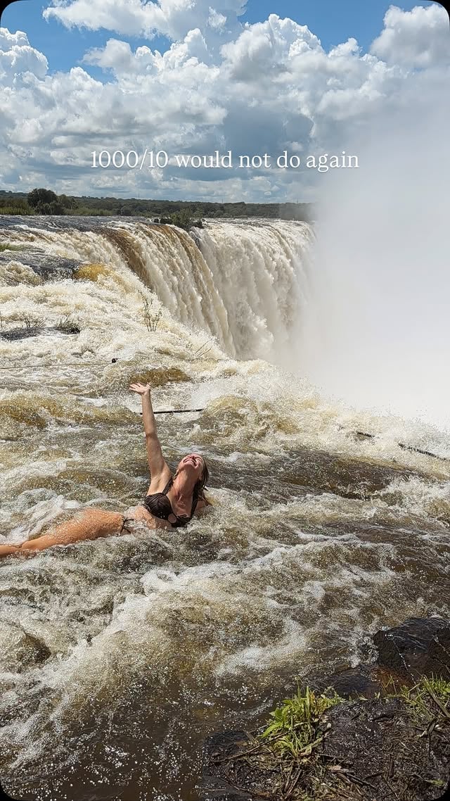 POV: You paid to test your survival instincts 🫪
•••••••••••••••••••••••••••••••••••••••••••••
Angel’s Pool at Victoria Falls was one of the most terrifying experiences I’ve ever had. The water levels were HIGH, the current was strong, and the guides holding us in place weren’t attached to anything either.

1000/10 would not do again. Would you?
•••••••••••••••••••••••••••••••••••••••••••••
#angelspool #zambia #victoriafalls