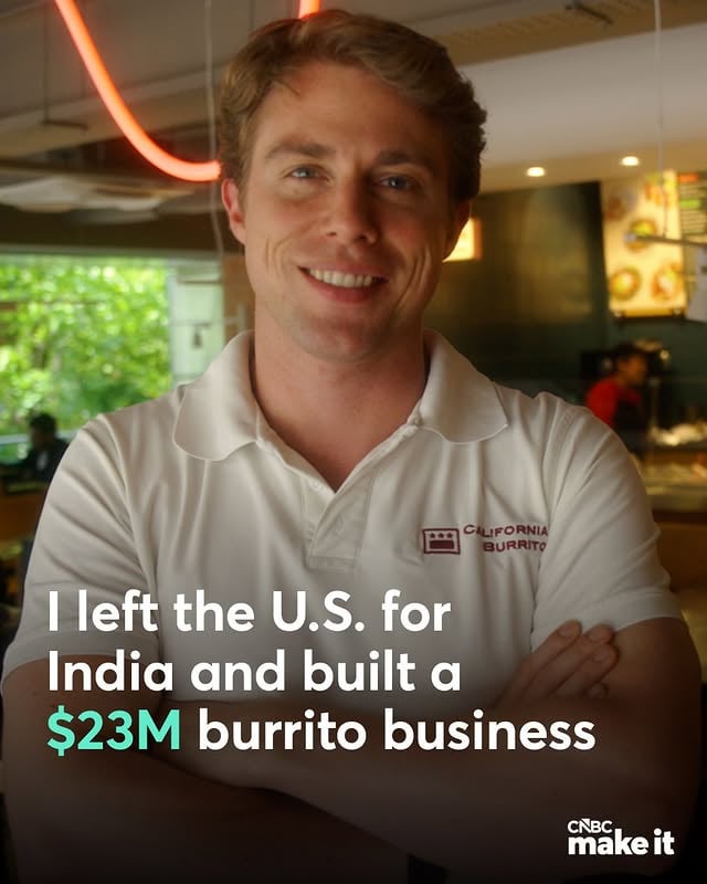 For part of his study abroad trip to India in 2010 Bert Mueller stayed with a host family in Jaipur. Mueller and some of his classmates who were also studying abroad brought their respective families food from their home countries.“They didn’t like it very much,” Mueller says of the food he brought from the United States. But he noticed another classmate had the exact opposite experience.“One of my friends was of Mexican origin and she would make chips and salsa and beans and tortillas,” he says. “One day I came over to her house and I saw she’d made this food for her family she was living with and they were loving the food.”Mueller hadn’t really considered starting a business — his major at The College of William & Mary was music and public policy — but seeing a family who had never had Mexican cuisine enjoy it so much gave him an idea.“Something clicked in my head that maybe this was something I could do — I could bring Mexican-inspired cuisine to India,” he says.After finishing his degree, Mueller, 22 at the time, returned to India to open California Burrito, a fast-casual Southern California-style burrito restaurant.Today, 12 years after opening the first brick-and-mortar, there are 103 locations across the country. See how Mueller built his business into what it is today at the link in bio. by @cnbcmakeit