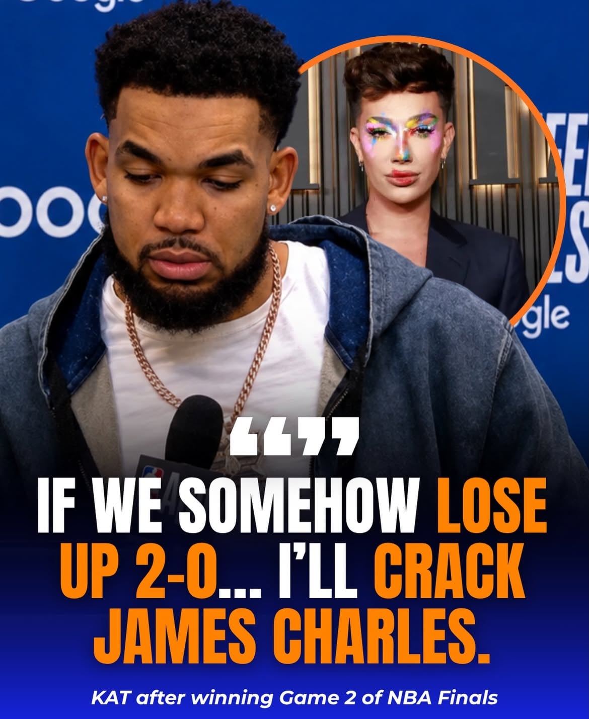 KAT says he’s so confident they’ll win the finals, that if they lose being up 2-0 he’ll crack James Charles 👀

Karl-Anthony Towns has become a cornerstone of the New York Knicks, helping lead the franchise to its first NBA Finals appearance in decades. Known for his rare combination of size, shooting, and offensive versatility, Towns can score from the post, knock down three-pointers, and dominate the glass, making him one of the most skilled big men in the league. Alongside Jalen Brunson, he has helped transform New York into a championship contender, delivering some of the biggest performances of his career during the Knicks’ historic playoff run.
