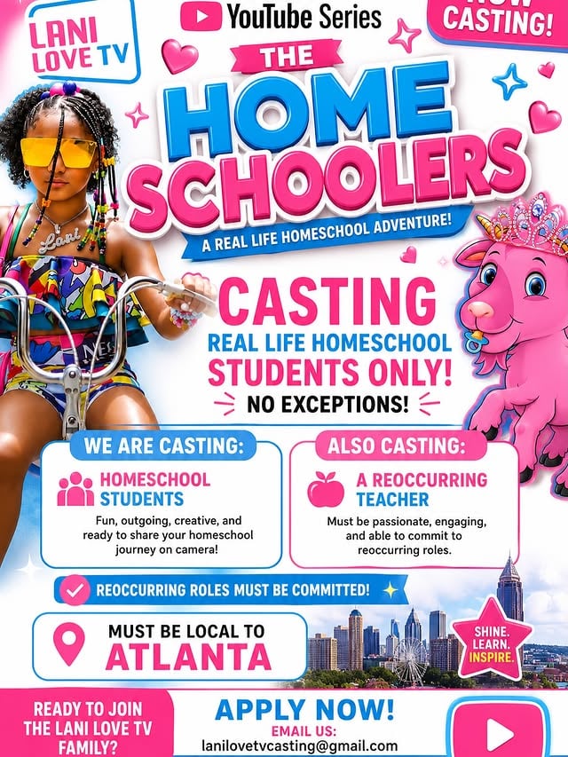 New Youtube Skit Series coming soon and we want REAL LIFE HOMESCHOOLERS ! 📚✏️📓🏫🖍️👩🏽‍🏫🧑🏽‍🏫

Please send Resume/or info to:
📧: lanilovetvcasting@gmail.com

#castingcall #youtubeseries #lanilovetv #atlanta #actor