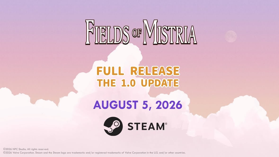 Fields of Mistria launches into 1.0 on August 5, 2026! ✨
The full release includes:
💍 Marriage
🍼 Children
🌻 New Saturday Market NPCs
✨ And more!
More reveals are on the way, so stay tuned! 🌱