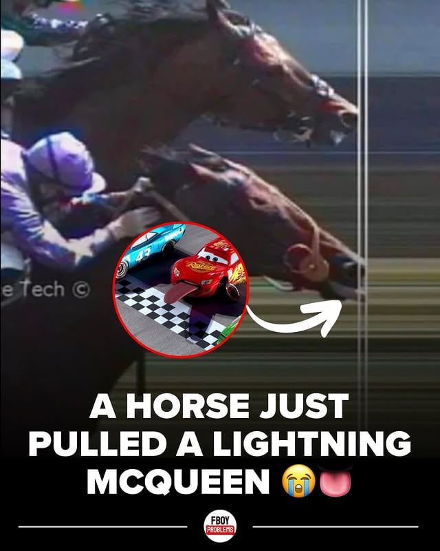Bro really won by a tongue 😭

If you’ve seen Cars, you probably remember the ending where Lightning McQueen sticks his tongue out at the finish line and wins by the smallest margin possible.

Well… apparently real life decided to recreate the scene 💀

This horse race photo went viral because the winning horse crossed the line with its tongue stretched out at exactly the right moment, creating a finish that looks straight out of a Pixar movie.

The comparison was immediate.