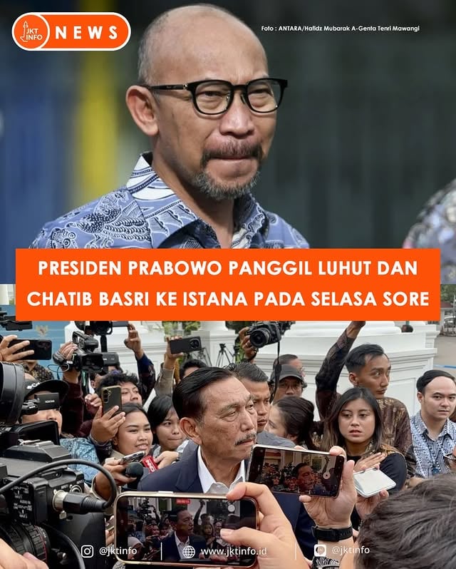 Presiden Prabowo Subianto memanggil Ketua Dewan Ekonomi Nasional (DEN) Luhut Binsar Pandjaitan dan ekonom senior sekaligus eks menteri keuangan Chatib Basri ke Istana Kepresidenan RI, Jakarta, Selasa sore.

Walaupun demikian, Luhut dan Chatib memilih irit bicara saat ditanya agenda pertemuannya nanti dengan Presiden. Terlepas dari itu, Chatib membenarkan dirinya menyambangi Istana untuk memenuhi panggilan Presiden.
-
Temukan berita selengkapnya di website jktinfo (klik link di bio profile) | source: antara #jktinfo