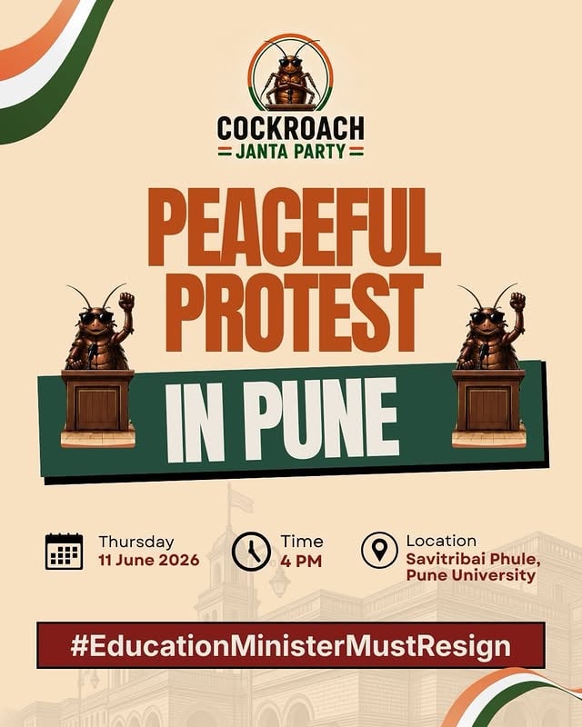 Cockroaches of Pune Unite!!! 

Peaceful Protest in Pune on 11th June, Thursday.

#cockroachjantaparty