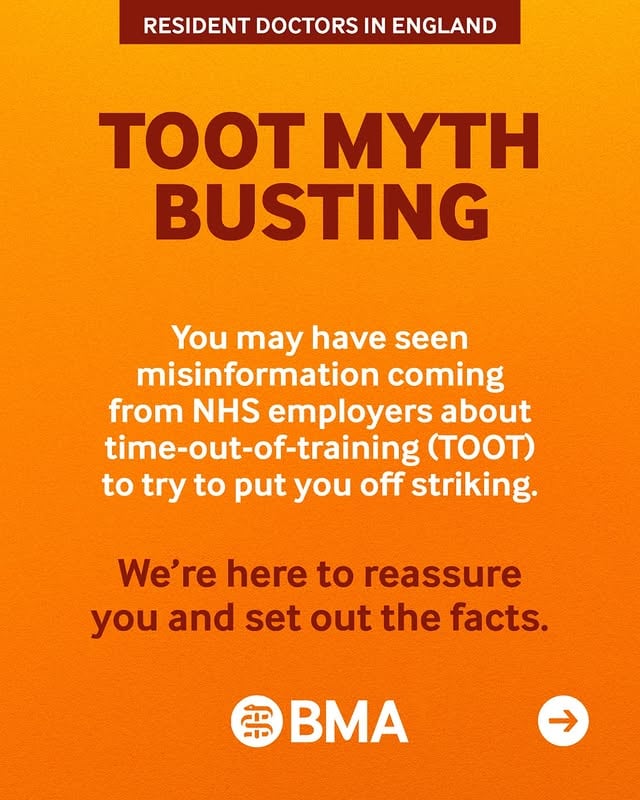 Don't believe everything you hear about time-out-of-training (TOOT) and resident doctors strikes. Get in touch through the link in bio if you have a question about your individual circumstances, or are in need of support. by @thebma