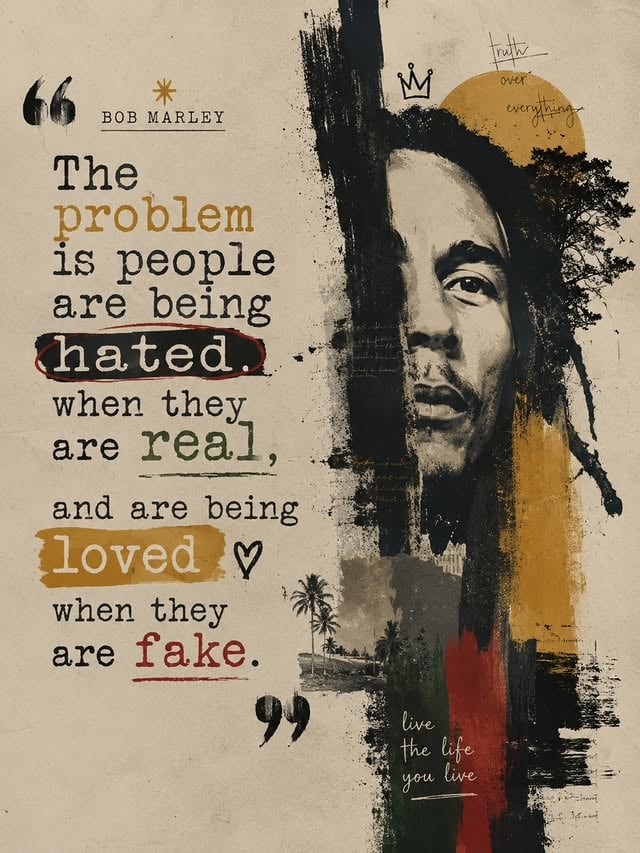 🎵 Interesting Fact: Bob Marley became one of the most influential musicians in history without ever winning a Grammy during his lifetime. Yet his music continues to inspire millions across generations.Born on February 6, 1945, and remembered forever after his passing on May 11, 1981, Bob Marley was more than a singer—he was a voice of truth, peace, freedom, and unity. Through timeless songs like One Love, No Woman, No Cry, and Redemption Song, he used music to spread messages that still resonate today.This quote reminds us of a reality many people face: authenticity is often criticized, while pretending can sometimes be rewarded. But Bob Marley believed that staying true to yourself is always worth it. Real people may not be loved by everyone, but they leave a lasting impact because they never compromise who they are.Be real. Be honest. Be yourself. The right people will appreciate the version of you that doesn't need a mask. ❤️#BobMarley #LifeQuotes #StayAuthentic #MindsetMatters #InspirationalQuotes by @healingisnear