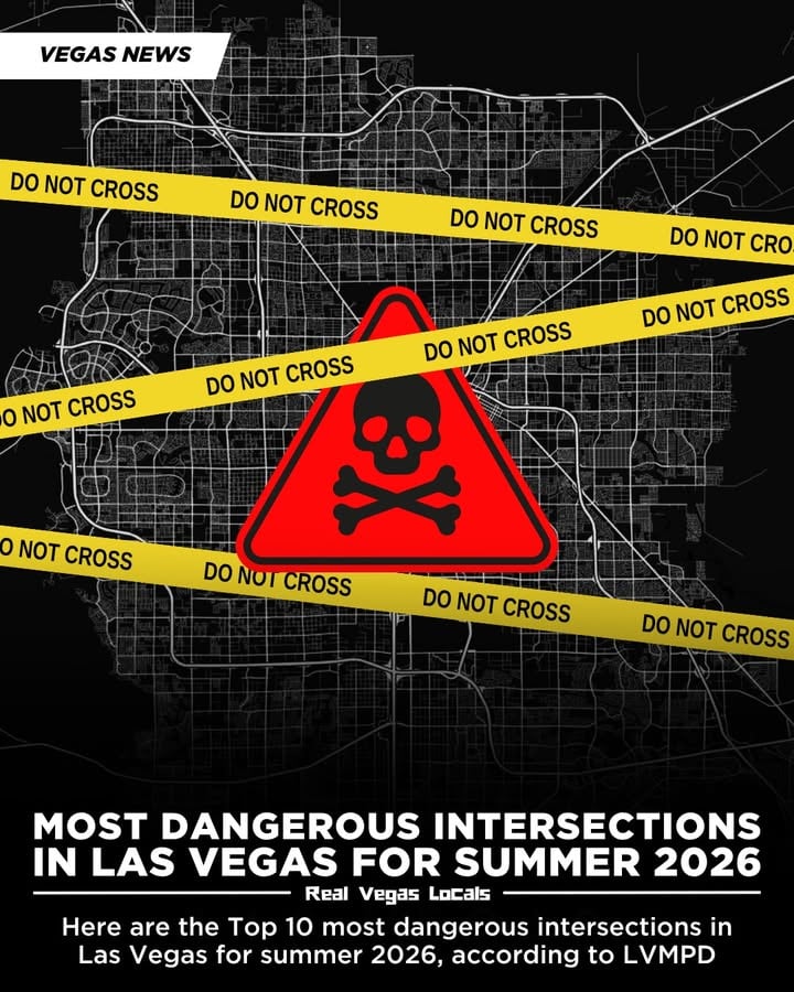 LVMPD has released a list of the 50 intersections that saw the highest number of traffic collisions in May 2026 as part of its annual “100 Deadliest Days of Summer” safety campaign.

According to the department, summer is traditionally one of the most dangerous times of the year on local roads, with increased traffic, more teen drivers, and a higher number of crashes. LVMPD is encouraging residents to review the list and consider whether these are roads they and their families travel every day.

While officers continue traffic enforcement efforts across the valley, LVMPD says traffic safety is a shared responsibility. The department is urging drivers to slow down, stay focused, and make safe decisions behind the wheel.

Some of the most common traffic citations issued in May 2026 included speeding 11 to 20 mph over the posted limit, driving without a valid driver’s license, and disobeying a traffic control device.

The #1 crash intersection from each LVMPD area command shown is:
Durango & Warm Springs
Jones & Oakey
Koval & Sands
Bonanza & Eastern
Nellis & Charleston
Ann & Centennial Center
Sahara & Town Center
Nellis & Vegas Valley
Flamingo & Maryland Parkway
Decatur & Flamingo