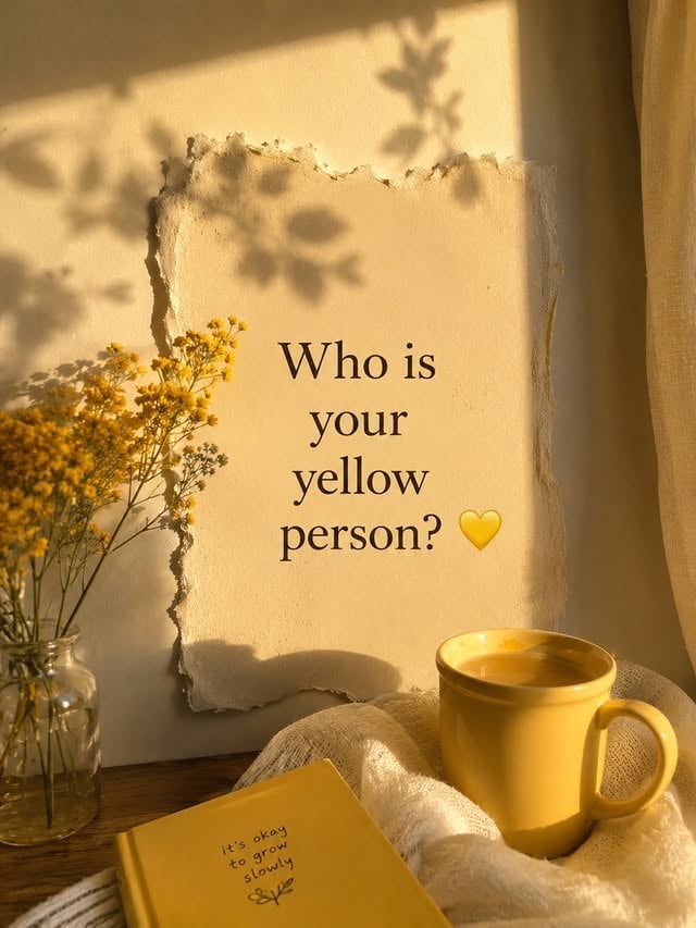 Who is your yellow person?The one who makes ordinary days feel brighter.The one whose presence feels like sunlight after a storm.The one who checks on you, believes in you, and stays when life gets heavy.A yellow person is not always a lover. Sometimes it's a friend, a parent, a sibling, or someone who simply makes the world feel a little kinder.We all need someone who reminds us that even on our darkest days, there is still light.So, who is your yellow person? 💛#yellowperson #meaningfulconnections #heartfeltwords #spreadkindness #positivevibesonly💯 by @healingisnear