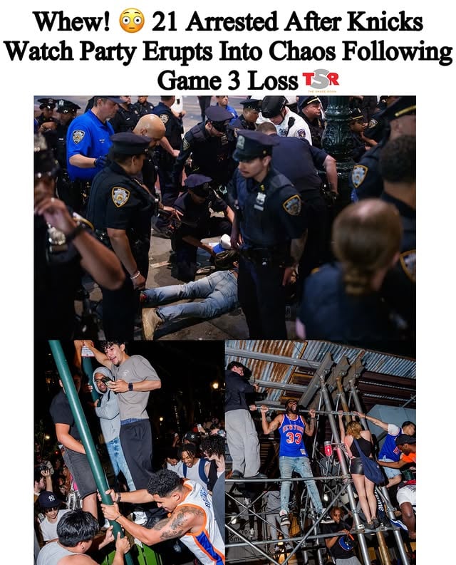TSR Staff Lawrencia! @lawrencia.cg
_____________________________________
Chile! 😩 A Knicks watch party at Bryant Park turned chaotic last night following the team’s Game 3 loss, resulting in 21 arrests and multiple confrontations with NYPD officers.
_____________________________________
According to ABC7NY, authorities crowds spilled onto nearby streets after the game, with some people jumping on cars and cabs, throwing beer bottles at police, and engaging in fights. Officials said a bus stop sign was torn down and used as a weapon during one altercation, while another person set a Spurs T-shirt on fire.
_____________________________________
Eight people were charged with offenses including assault, assault on a police officer, criminal possession of a weapon, resisting arrest, and obstructing governmental administration. Thirteen others received criminal summonses for disorderly conduct.
_____________________________________
In response, NYPD officials say they plan to increase security measures for Game 4, including checkpoints and a secured watch party area near Madison Square Garden. (📸: @gettyimages) ✍🏾: #TSRStaffLG